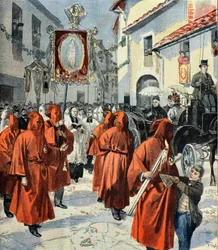 Drottning Victoria deltar i processionen av de röda penitenterna, Nice