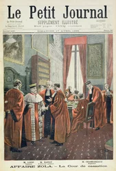 Titelsida som visar kassationsdomstolen med Mr. Loew, Mr. Chambareaud och Mr. Manau, illustration från den illustrerade bilagan till Le Petit Journal