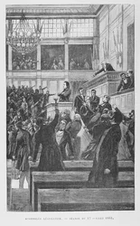 Victor Hugo (1802-85) vid den lagstiftande församlingen höll ett tal om översynen av konstitutionen den 17 juli 1851, ca. 1885