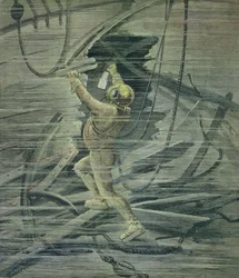 En djuphavsdykare tittar på vraken i Le Havres hamn, från "Le Petit Journal", 13 februari 1892