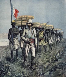Löjtnant Mizon (1853-99) under sin utforskningsexpedition 1892 i området kring Benuefloden i Nigeria, ur "Le Petit Journal", juli 1892