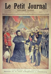 De franska värdarna: Englands drottnings ankomst till Cherbourg, framsida till "Le Petit Journal", 14 mars 1897