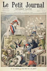 Titelsida som visar ett bråk i deputeradehuset, illustration från det illustrerade tillägget till Le Petit Journal, 10 juli 1898