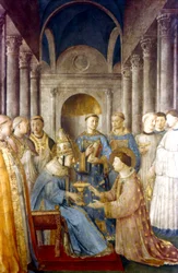 Fra Angelico (Guido di Pietro/Giovanni da Fiesole ca 1400-55) italiensk målare. "St Sixtus och hans diakon St Lawrence" (påven Sixtus II d258) Fresko. Nikolaj V:s kapell, Vatikanpalatset