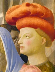 Mansfigur med röd turban, detalj från Deposition from the Cross or the Holy Trinity Altarpiece, c.1432 (tempera on panel)