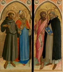 S:t Franciskus och ett biskopshelgon, S:t Johannes Döparen och S:t Dominikus, sent 1420-tal (tempera och bladguld på pannå)
