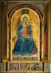 Heliga Maria med barnet, omgiven av musicerande änglarPå predella: Petrus predikan, De vises tillbedjan (målning på trä)