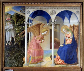 Bebådelsen (i bakgrunden, Adam och Eva fördrivna från paradiset), ca. 1445 (tempera och guld på panel)