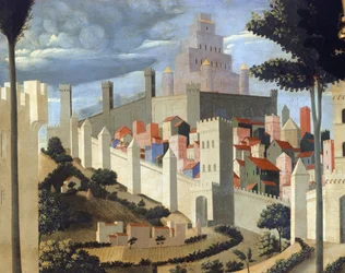 Deposition of Christ (Helig Treenighets altartavla), detalj av landskapet med utsikt över Jerusalem och Salomos tempel -1437-40 (tempera på trä)