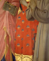 Detalj av Annalena altartavla. Tunika och kläder av Saint John the Evangelist, Saint Laurent och Saint Francois (tempera på trä)