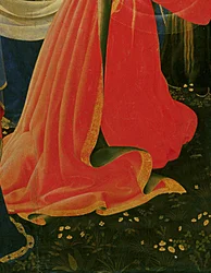 Detalj av Santa Trinita altartavla, ram och tinnar av Lorenzo Monaco (Piero di Giovanni) (c.1370-1425) färdig c.1434 (tempera & guld på panel)