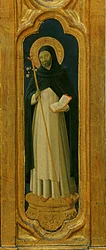 Detalj av Santa Trinita altartavla, ram och tinnar av Lorenzo Monaco (Piero di Giovanni) (c.1370-1425) färdig c.1434 (tempera & guld på panel)
