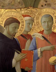 Detalj av altartavlan av Annalena: Porträtt av Sankt Peter Martyren, Sankt Cosimo (Kom eller Cosimo) och Sankt Damien (tempera på trä)