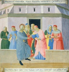 Infälld föreställande Judas som tar emot belöningen, panel från Armadio degli Argenti (Silverkista) med Jesu liv