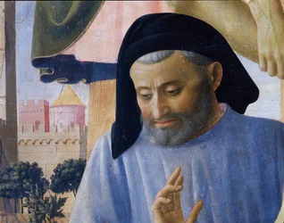 Förmodat porträtt av arkitekten Michelozzo Michelozzi. Detalj av avsättning av Kristus eller den heliga treenighetens altartavla (Tempera på trä