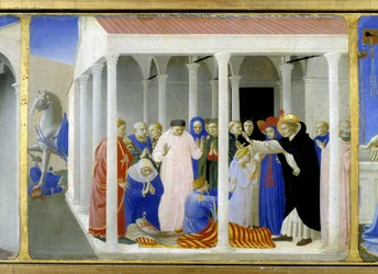 Sankt Dominikus (1170-1221) återuppväcker Napoleone Orsini, den nedre delen (predellan) av "Jungfruns kröning", som visar Kristus vid graven och sex episoder ur Sankt Dominikus liv, grundaren av den orden som Angelico tillhörde