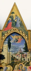 Santa Trinita altartavla, ram och tinnar av Lorenzo Monaco (Piero di Giovanni) (c.1370-1425) färdig c.1434 (tempera & guld på panel) (detalj av 43967)