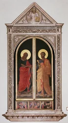 St. Markus (vänster) och St. Peter. Linaiolis stängda tabernakel (trämålning