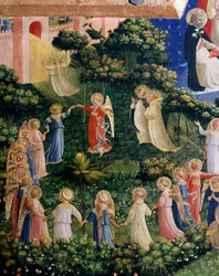 The Last Judgment Detail of Paradise, omgången av aureolee-själar. Detrempe på trä av Guido di Pietro (eller Fra Giovanni da Fiesole) dit Fra Angelico eller il Beato (1400-1455). Storlek 105x210 cm Museum of San Marco. Florens