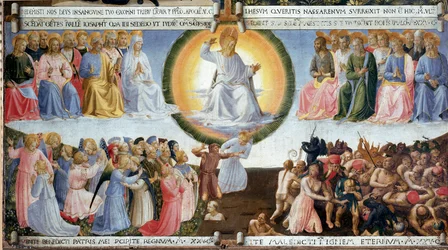 The Last Judgment Detrempe on wood av Guido di Pietro (eller Fra Giovanni da Fiesole) dit Fra Angelico or il Beato (1400-1455). Målning till skåpet av silver. 1450 Dim. 77x74 cm Museum of San Marco. Florens