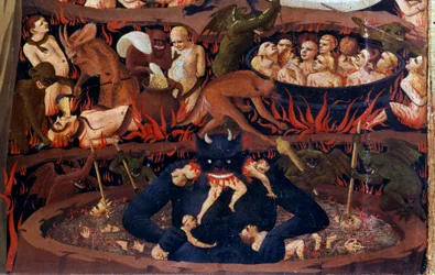Den sista domen: detalj i underjorden. Förbannelser i de infernaliska kretsarna, tortyr av demoner. Detalj av en detrempe på trä av Guido di Pietro (eller Fra Giovanni da Fiesole) dit Fra Angelico eller il Beato (1387-1455)