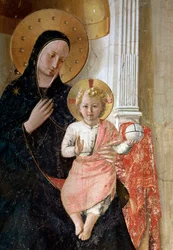 Skuggornas madonna. Detalj: Jesu Kristi gloria är märkt med ett kors, fresk, omkring 1438-1446.