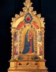 Jungfrun har relikviestjärnan med Jungfru och barn, Saint Pere, Saint Peter, Saint Dominic och Saint Thomas Aquinas. Målning på trä av Guido di Pietro (eller Fra Giovanni da Fiesole) dit Fra Angelico ou il Beato (1400-1455) 1434 Dim. 84x51 cm Florens,