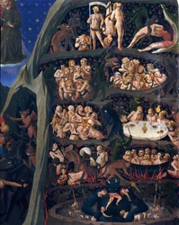 Den sista domen: helvete. Förbannelsernas själar utsatta för tortyr i helvetets kretsar. Djävulen på nedervåningen har en av dem. Målning av Guido di Pietro (eller Fra Giovanni da Fiesole) dit Fra Angelico ou il Beato (1400-1455)