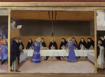 Munkarnas måltid serverad av änglarna - den nedre delen (predellan) av "Jungfruns kröning", som visar Kristus vid graven och sex episoder ur Sankt Dominikus liv, grundaren av den orden som Angelico tillhörde, av Guido di Pietro