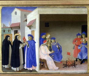 Sankt Dominikus mirakel: helgonet ger albigenserna boken som vederlägger deras kätteri, och albigenserna försöker förgäves bränna den - Predella till "Jungfruns kröning" av Guido di Pietro (eller Fra Giovanni da Fiesole), kallad Fra Angelico