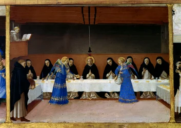 Munkarna vid bordet, änglarnas kök Life of Saint Dominica (detalj av predellen av Jungfruns kröning): änglarna serverar en måltid till dominikanska bröder. Målning av Guido di Pietro (eller Fra Giovanni da Fiesole) dit Fra Angelico ou i