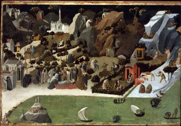 Thebaide - Scener från ökenfädernas liv (Thebaid) - Målning av Fra Giovanni (Guido di Pietro) av Fra Angelico (1387-1455) - 1420 - Tempera på panel - 73,8x1 cm - Konstmuseum, Budapest