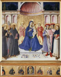 Jungfru och barn med sex helgon, St Anthony av Padua, St Louis av Toulouse, St Francis, Sts Cosmas och Damian, St Peter av Verona. Bosco ai Frati altartavla (Saint Peter Martyr)) (Trämålning