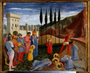 martyrskapet av Saints Cosimo (Kom eller Cosimo) och Damien Saint Cosme och Saint Damien, tvillingbröder födda på 300-talet, doktorer i medicin, torterades sedan halshuggare. Detrempe på trä av Guido di Pietro (eller Fra Giovanni da Fiesole) dit Fra Ange