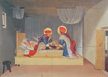 Altartavla, Jungfrun och barnet omgivna av änglar och åtta helgon. Predellan: de heliga Kosmas och Damian transplanterar benet från en svart man till en diakon vid namn Justinianus
