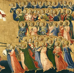 Kristus förhärligad i himlens domstol, detalj av musikänglar från höger sida, 1419-35 (tempera på panel) (detalj av 4052)