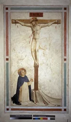 Korsfästelse med Saint Dominic. Inskriptionen ""INRI"" på korset. Fresk av Guido di Pietro