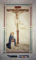 Korsfästelsen med Saint Dominic. Inskriptionen ""INRI"" på korset. Fresk av Guido di Pietro