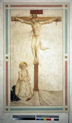 Korsfästelsen med Saint Dominic. Inskriptionen ""INRI"" på korset. Fresk av Guido di Pietro
