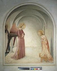 Bebådelsen St Peter Martyren står bakom ärkeängeln Gabriel och gör tillkännagivandet till Jungfru Maria Fresk av Guido di Pietro