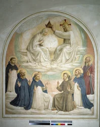 Jungfruns kröning. Från vänster till höger: den helige Tomas, den helige Benedikt av Nursia, den helige Dominikus, den helige Franciskus, den helige Petrus Martyren och den helige Markus