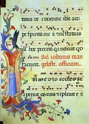 Ms 558 f.13v Historikert initial "I" föreställande St. Johannes evangelisten, med en sida med musikalisk notation från ett missal, tidigt 1430-tal