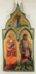 SS. Hieronymus och Johannes Döparen, sidopanel från Madonnan och barnet med tabernaklet för den heliga treenigheten, ca 1430 (tempera på panel) (se även 94746, 94748)