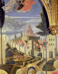 Santa Trinita altartavla, detalj av staden Jerusalem och Salomos tempel, c.1434 tempera & guld på panel