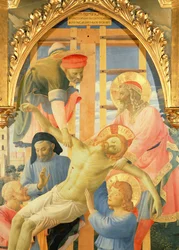 Santa Trinita altartavla, detalj av den döde Kristus som sänks från korset, c.1434 tempera & guld på panel