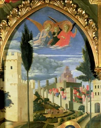 Santa Trinita altartavla, detalj av de sörjande änglarna, c.1434 tempera & guld på panel