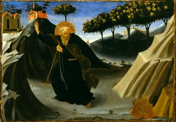 St. Anthony Abbot Shunning the Mass of Gold, 1430-talet (tempera och bladguld på panel)