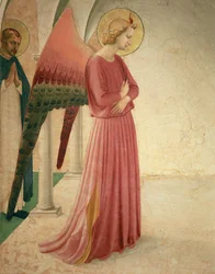 Bebådelsen, detalj av ängeln Gabriel och Sankt Petrus Martyren, fresk från 1442