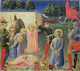 Halshuggningen av St. Cosmas och St. Damian, från predella av Annalena altartavla, ca 1434 (tempera på panel)