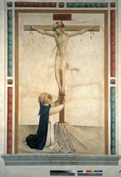 Korsfästelsen med Saint Dominic. Inskriptionen ""INRI"" på korset, 1442